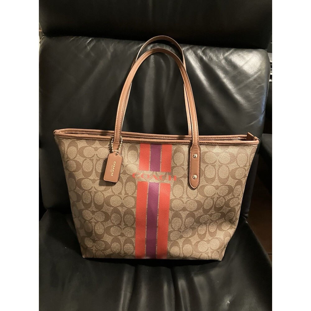 Coach Varsity Stripe City Zip Signature Tote